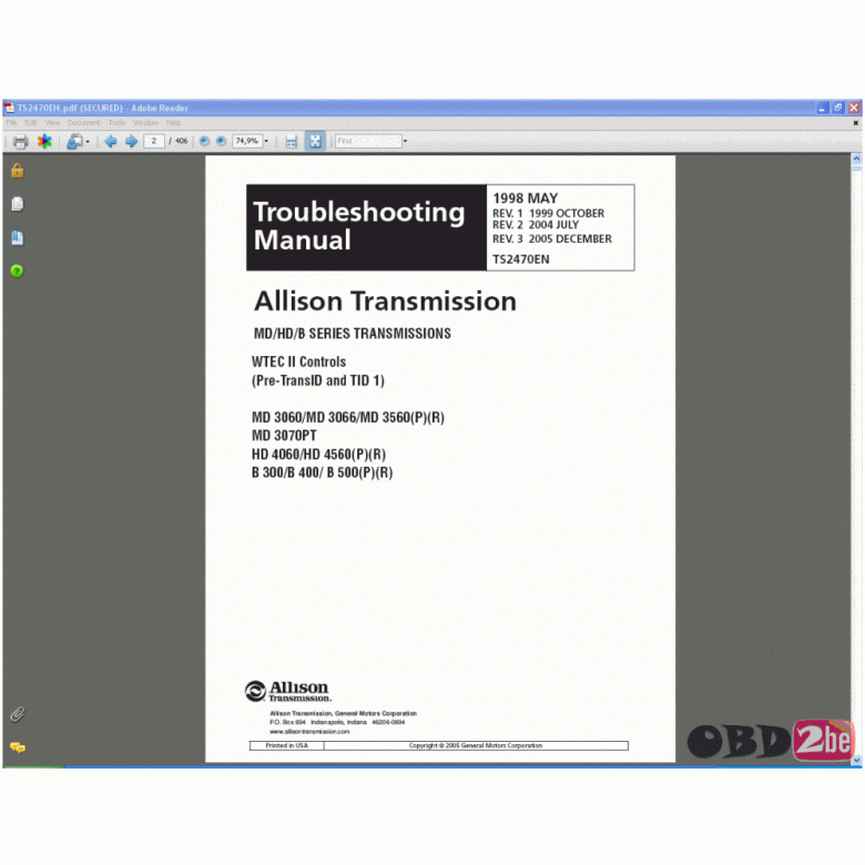 Allison Transmission MD/HD/B Series WTEC III Controls Troubleshooting Manual 